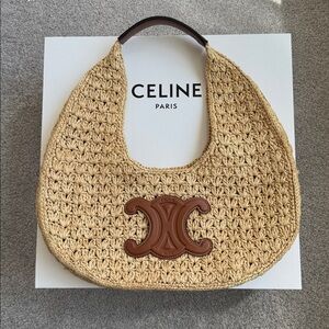 CELINE authentic raffia Woven Shoulder Bag with Brown Leather Logo